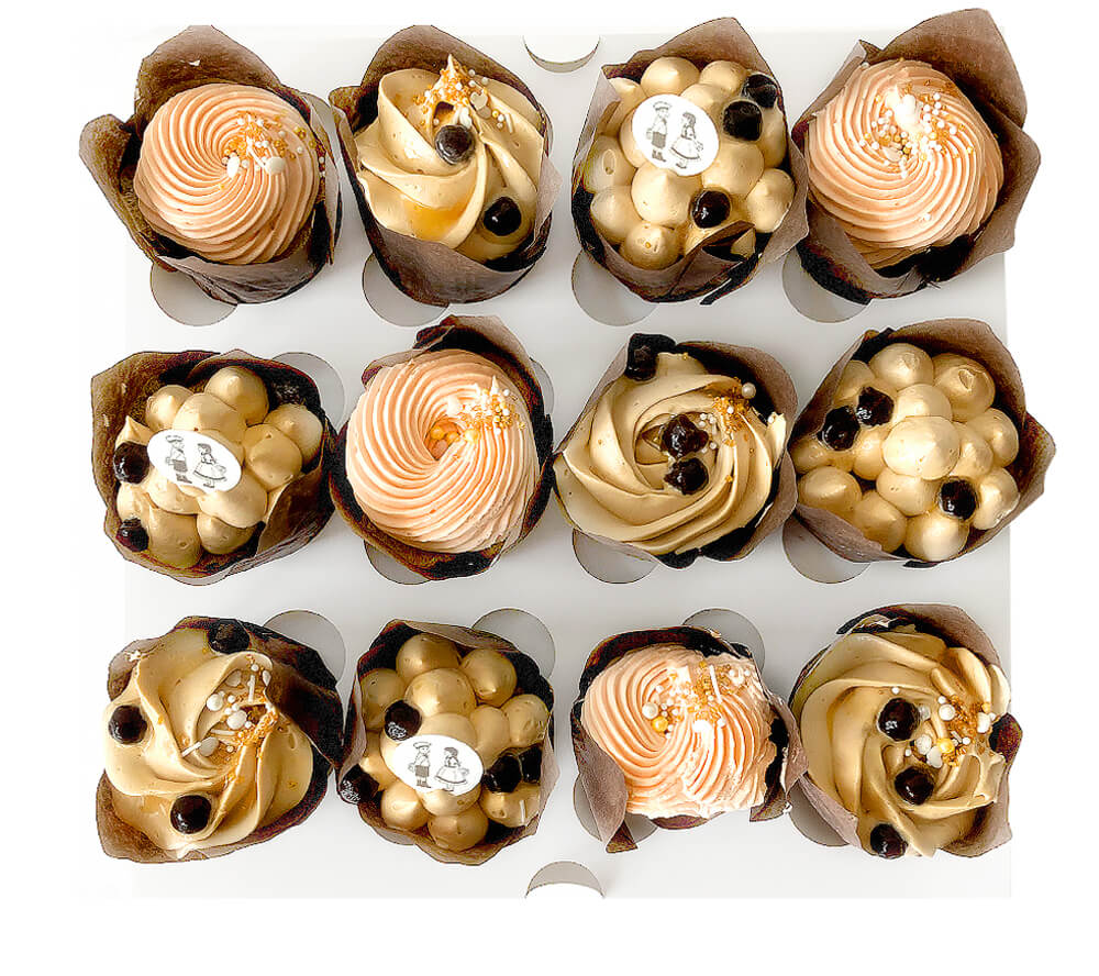 Image of a boba milk tea flavoured chiffon cupcake, box of 12 cupcakes