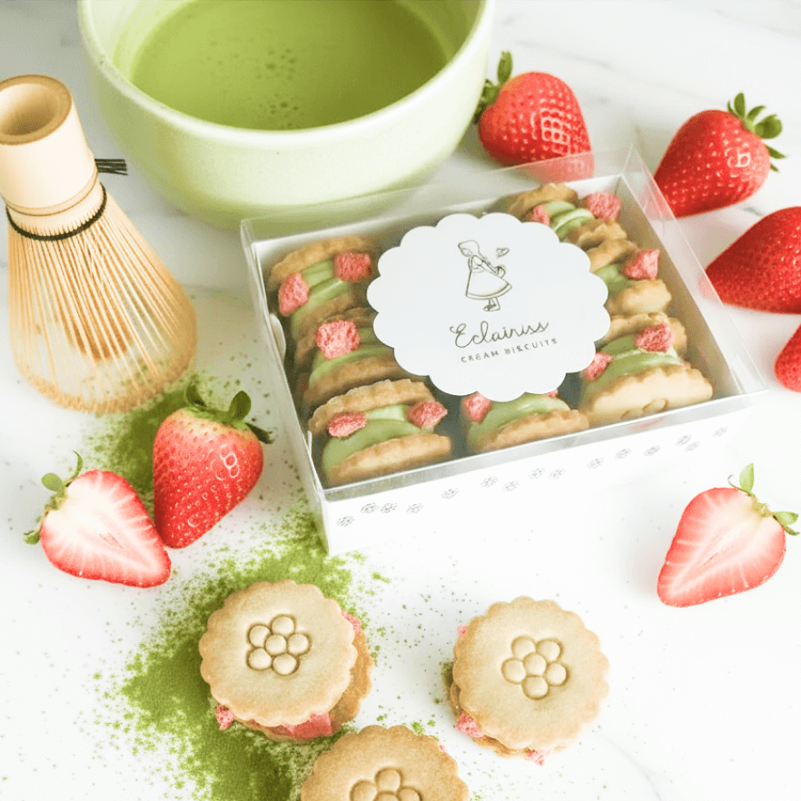 Image of a matcha strawberry biscuits packet of 9