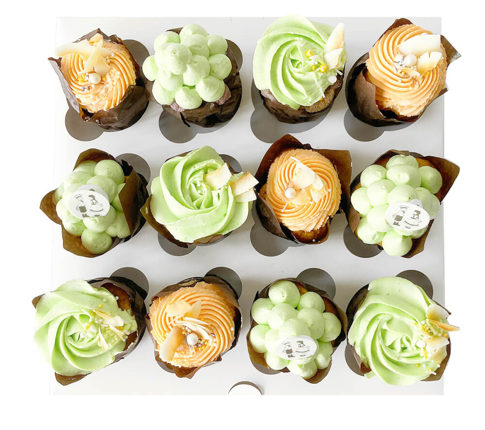 Image of a pandan and coconut milk chiffon cupcake, box of 12 cupcakes
