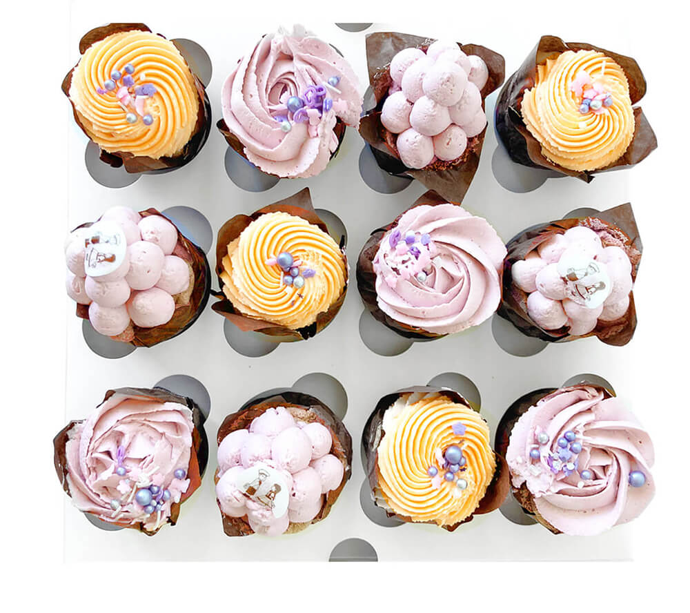 Image of a vanilla taro flavoured chiffon cupcake, box of 12 cupcakes