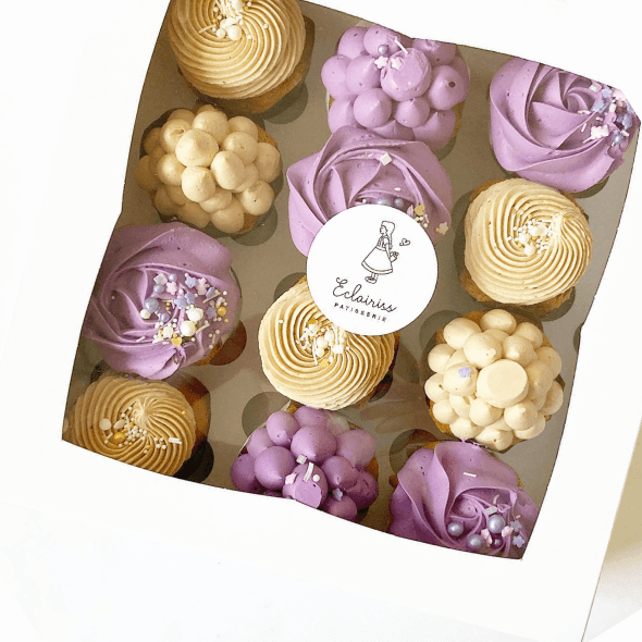 Image of a vanilla taro flavoured chiffon cupcake, box of 12 cupcakes